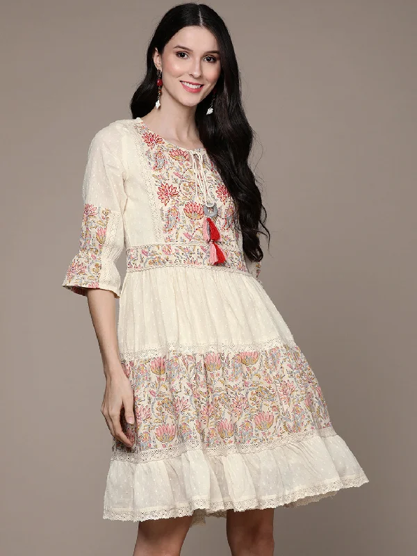 Embroidered unclassified dressesIshin Women's Cream Flora A-Line Dress Embroidered unclassified dresses