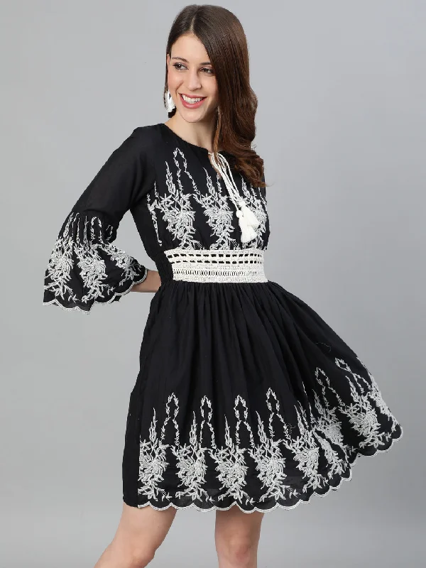 Dark color unclassified dressesIshin Women's Cotton Black Embroidered A-Line Dress Dark color unclassified dresses