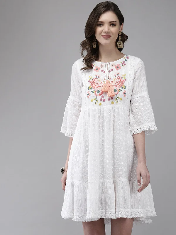 Chiffon unclassified dressesIshin Women's Cotton Blend White Embroidered A-Line Dress Chiffon unclassified dresses