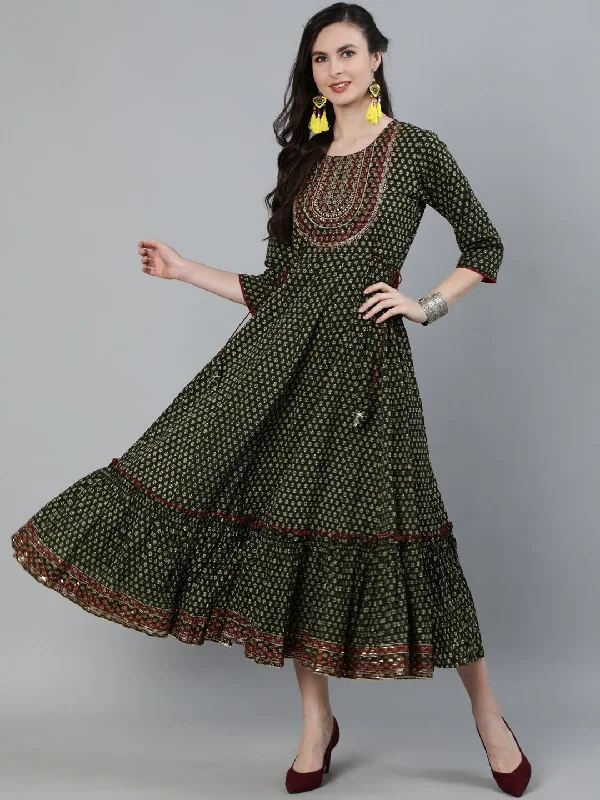 Open-back unclassified dressesIshin Women's Cotton Green Embroidered Anarkali Dress Open-back unclassified dresses