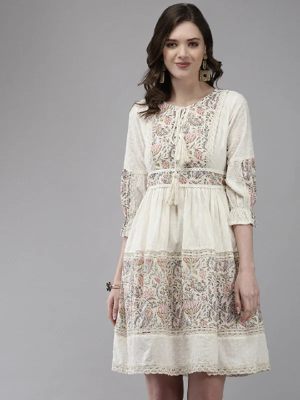 Beaded unclassified dressesIshin Women's Cotton Off White Embroidered A-Line Dress Beaded unclassified dresses