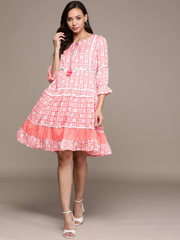 Long sleeve unclassified dressesIshin Women's Cotton Pink Embellished A-Line Dress Long sleeve unclassified dresses