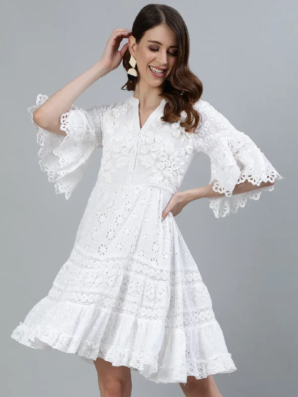 Formal unclassified dressesIshin Women's Cotton White Schiffli Embroidered A-Line Dress Formal unclassified dresses