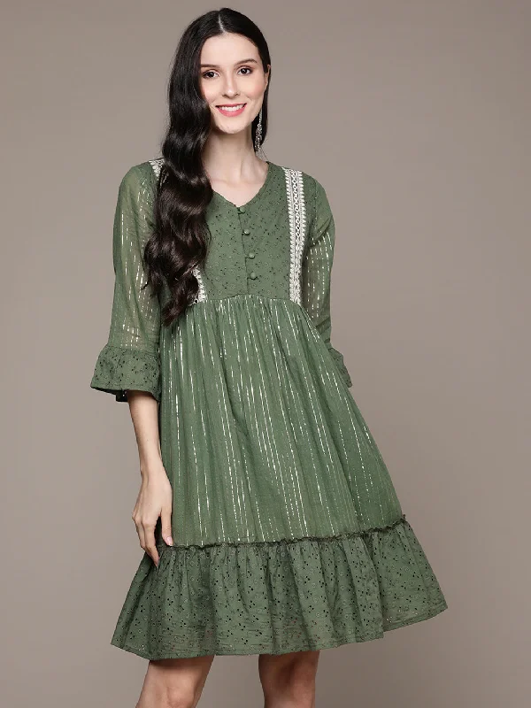 Mesh unclassified dressesIshin Women's Green Schiffli Embroidered Fit & Flare Dress Mesh unclassified dresses