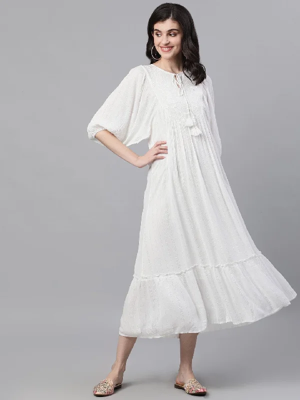 Minimalist unclassified dressesIshin Women's Rayon White Silver Lurex Embroidered Ruffle Dress Minimalist unclassified dresses