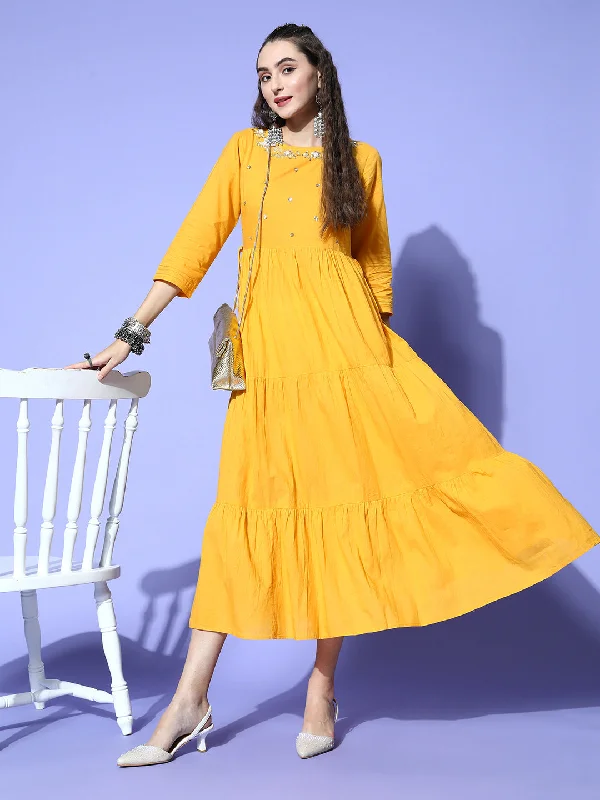 Elegant evening unclassified dressesSunehri Women's Cotton Mustard Yellow Embroidered Anarkali Dress Elegant evening unclassified dresses