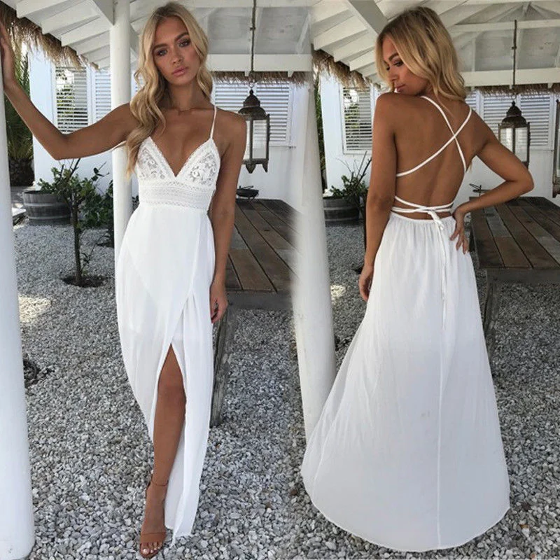 Beaded unclassified dressesWomen Sleeveless White Color Backless Bandage V-Neck Bohemia Dress Beaded unclassified dresses