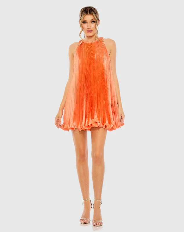 Orange Pleated Halter Neck Flowy Mini Trapeze Dress Casual Summer Skirt