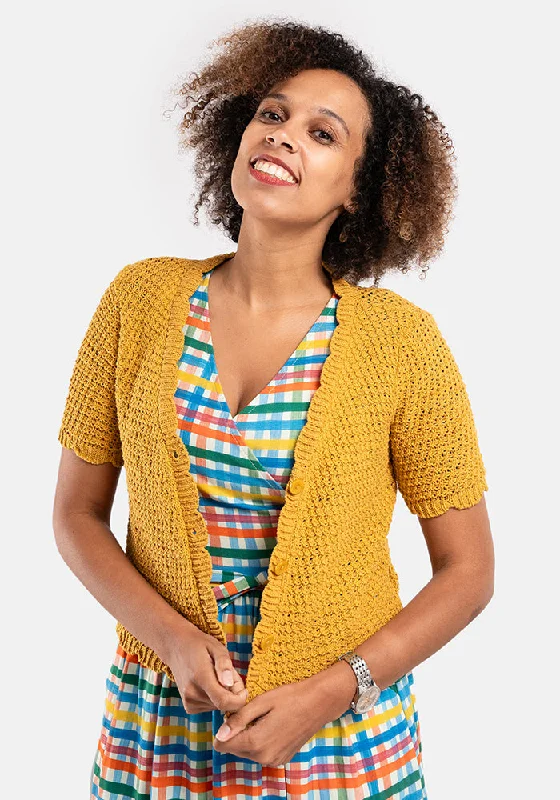 Ochre Scallop Short Sleeve Cardigan Raw Hem Mini Skirt