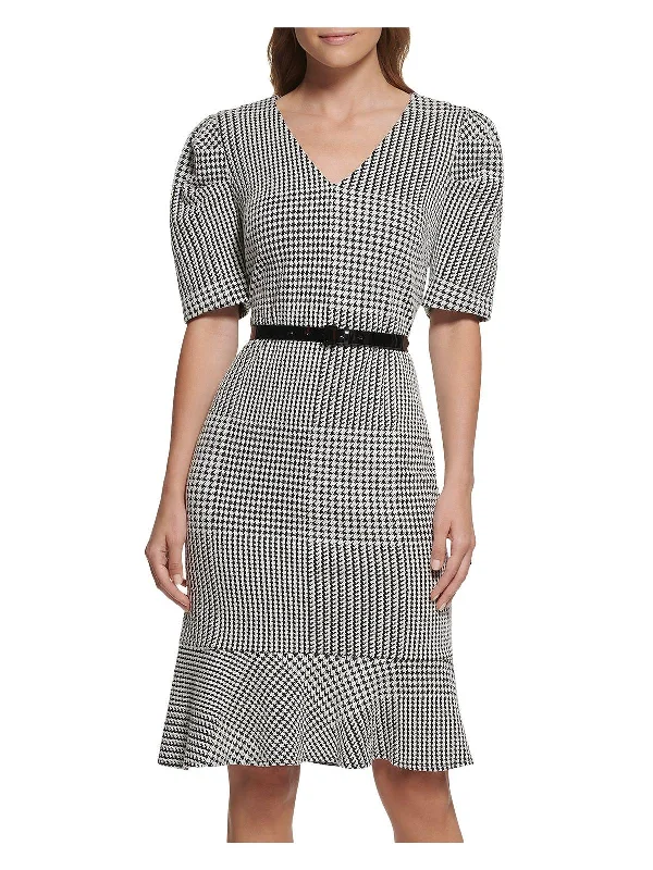 Womens Belted Mini Wear to Work Dress Plaid Mini Skirt