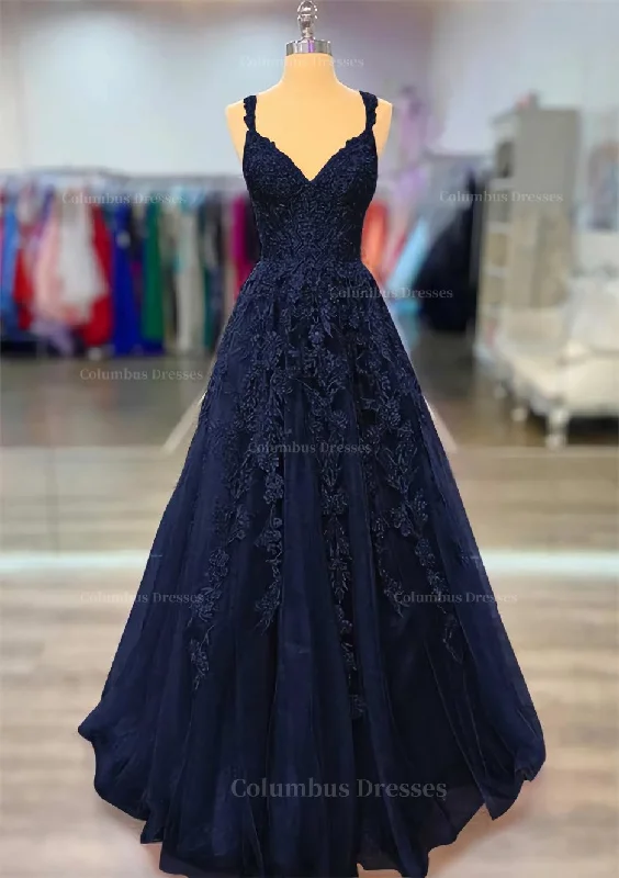 A-line V Neck Spaghetti Straps Long/Floor-Length Lace Prom Dress With Beading Vintage Maxi Skirt