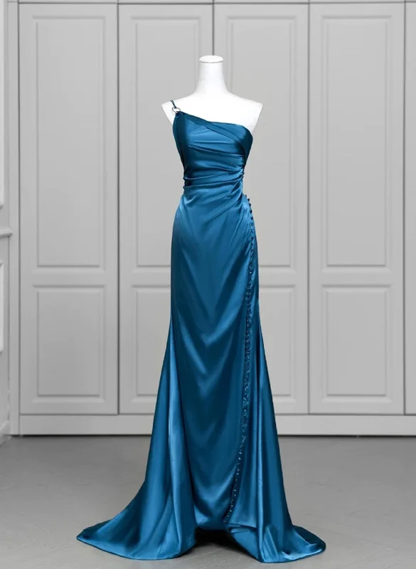 Blue Soft Satin Long Prom Dress with Leg Slit, Blue Evening Dress Formal Dress Sleek Maxi Skirt