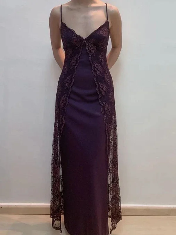 Charming V-neckline Purple Lace Straps A-line Prom Dress, Purple Long Formal Dress Formal Maxi Outfit