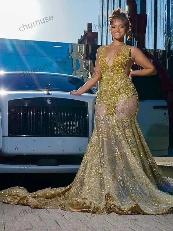 Gold O Neck Long Prom Dresses For Black Girls Beaded Crystal Rhinestone Birthday Luxury Dress Mermaid Graduation Gown Maxi Skirt Collection