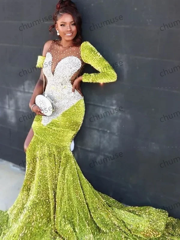 Green African American Prom Dresses Mermaid Long Sleeves Sequins Black Girls Evening Dresses Gown Sleek Maxi Skirt