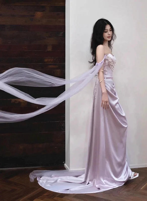 Light Purple Satin Long Evening Dress, Light Purple Sweetheart Prom Dress Knit Maxi Skirt