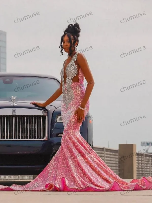 Pink Sparkly Long Mermaid Prom Ceremony Dresses for Black Girl Luxury Diamond Crystal Velvet Evening Birthday Gala Dress Boho Maxi Skirt