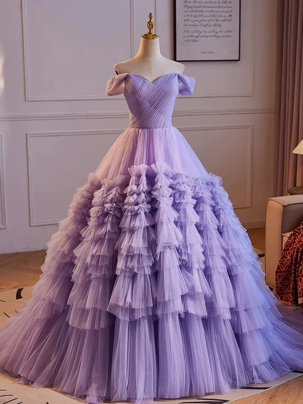 Purple Off Shoulder Sweetheart Tulle Sweet 16 Dress, Purple Tulle Long Prom Dress Maxi Skirt Chic