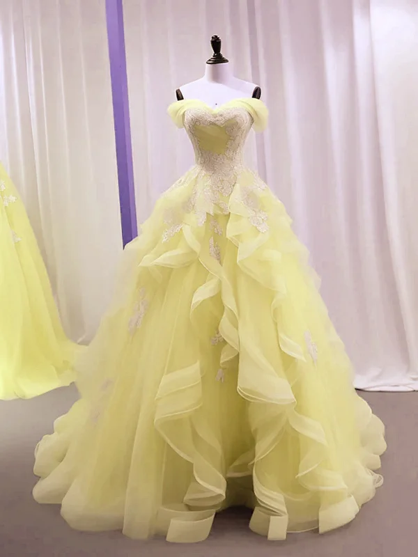 Yellow Tulle with Lace Sweetheart Long Formal Dress, Yellow Tulle Prom Dress Chic Maxi Dress