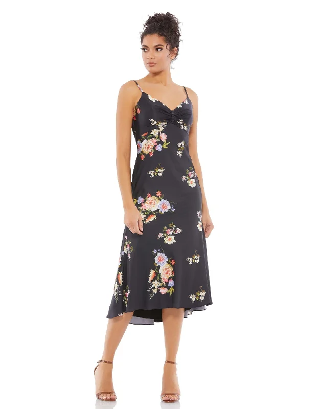 Floral Print Button Bodice Empire Midi Dress Sexy Midi Skirt