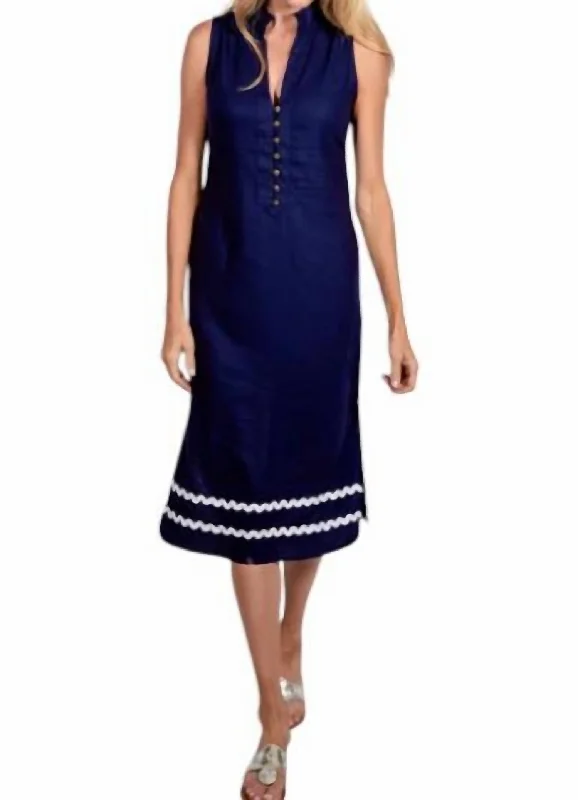 Sleeveless Button Midi Tunic Dress In Navy Tulle A-line Skirt