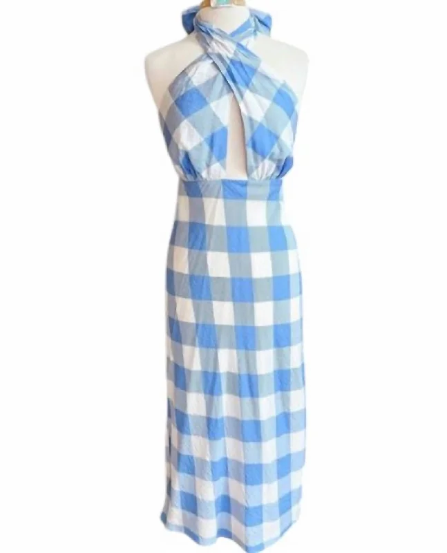 Women's Checkered Halter Midi Dress In Ivory/blue Elegant Midi Look