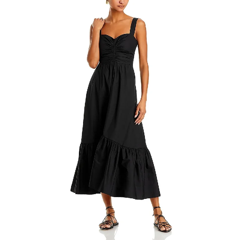 Womens Tea Length Ruched Midi Dress Pleated Midi Skirt