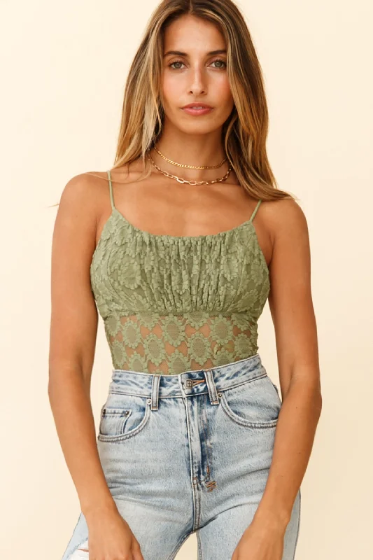 Dirty Dancing Ruched Bust Low-Back Lace Bodysuit Avocado Lace Dress Formal