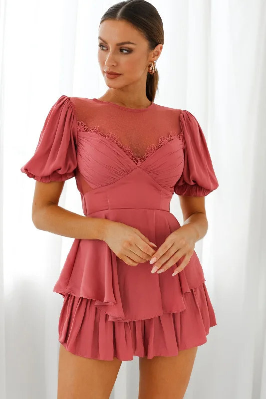 L'amour Lace Mesh Bust Puff Sleeve Romper Rose Simple Lace Dress