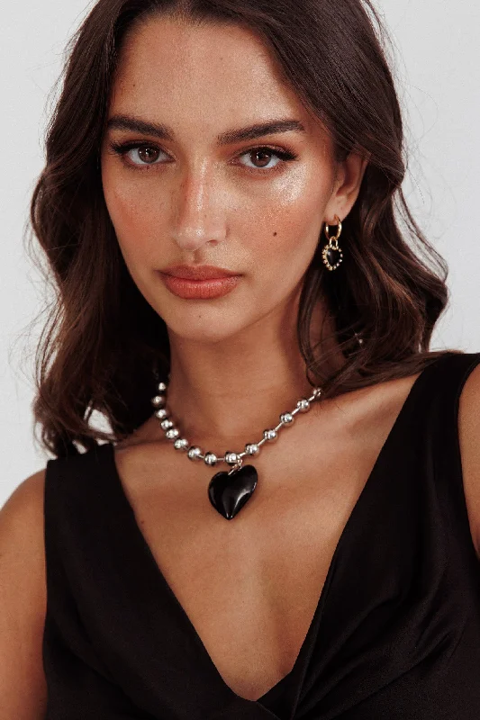 Lee Silver Bead Large Heart Necklace Black Lace Dress Trend