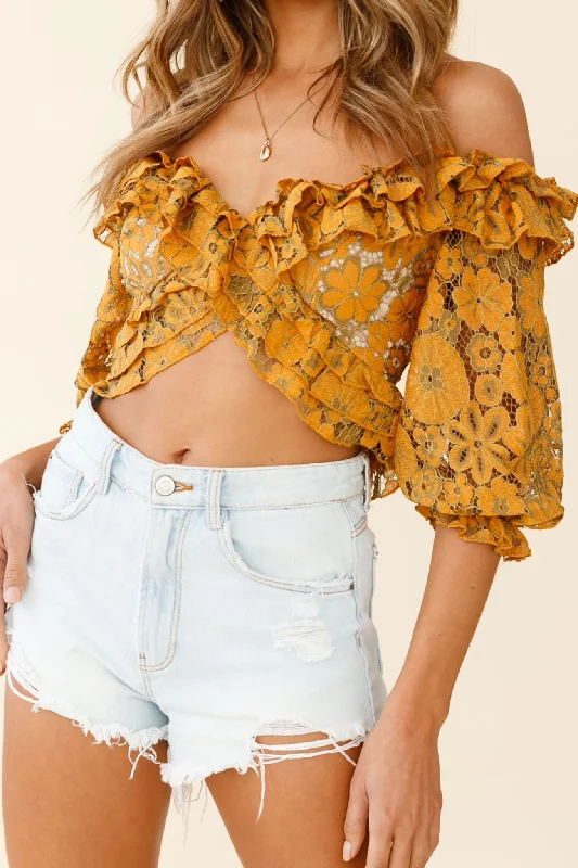 Rosarito Balloon Sleeve Halterneck Lace Crop Top Mustard/Olive Lace Gown Glam