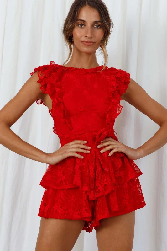 Spring Fling Frill Trim Waist Tie Lace Romper Red Lace Bodycon Dress